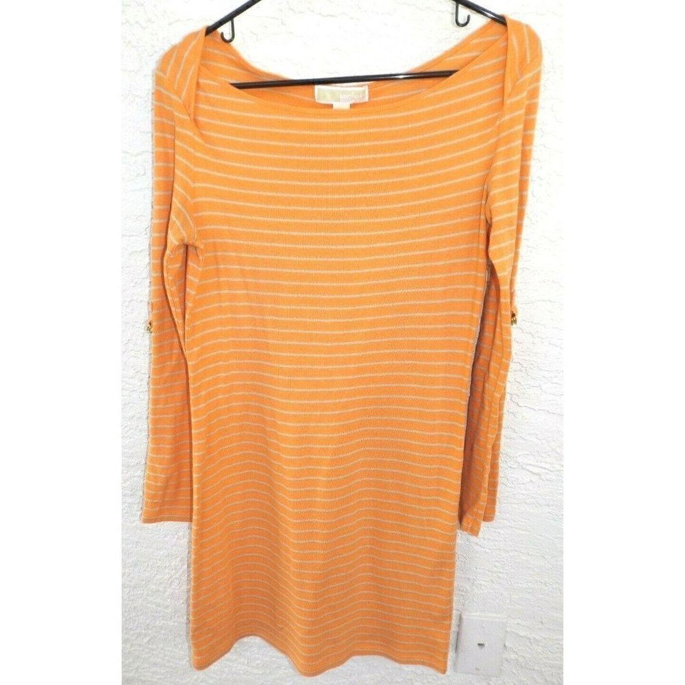 Michael Michael Kors XS orange tan striped long sleeve cotton dress